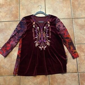 Zara Burgundy Velvet Formal Top with Floral Embroidery